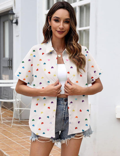 Zeagoo Womens Button Down Blouse Rolled Cuffed Short Sleeve Shirts Casual Work Blouse Summer Hawaiian Outfits