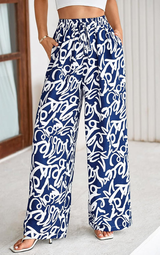 PRETTYGARDEN Womens Pants Elastic Waist Floral Lightweight Palazzo Pants for Women Casual Lounge Wide Leg Pants Woman