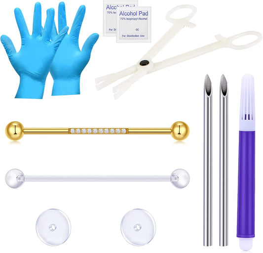JIESIBAO Industrial Bar Piercing Kit, 14G Earrings Surgical Steel Barbell With 12G Needles, Disposable Clamps, 32mm 35mm 38mm