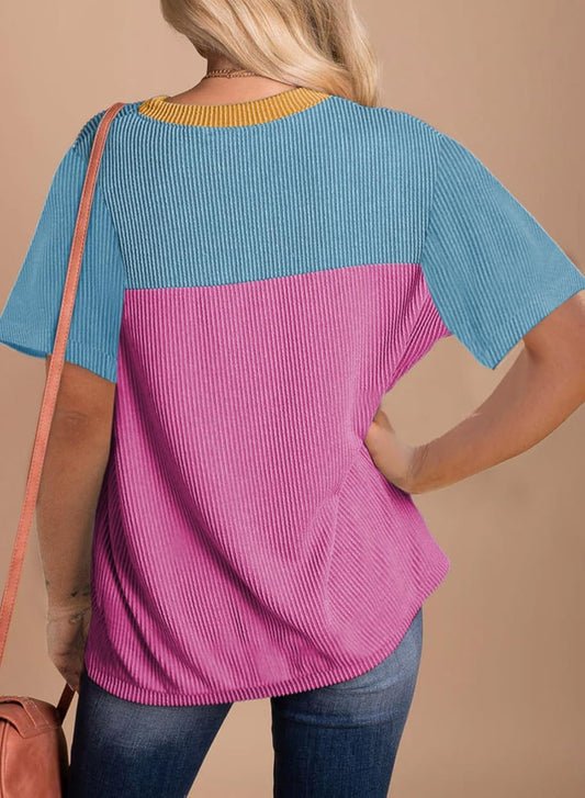 Dokotoo Womens Color Block Fashion Short Sleeve Crewneck Knitted Spring Summer Casual Loose T Shirts Tops