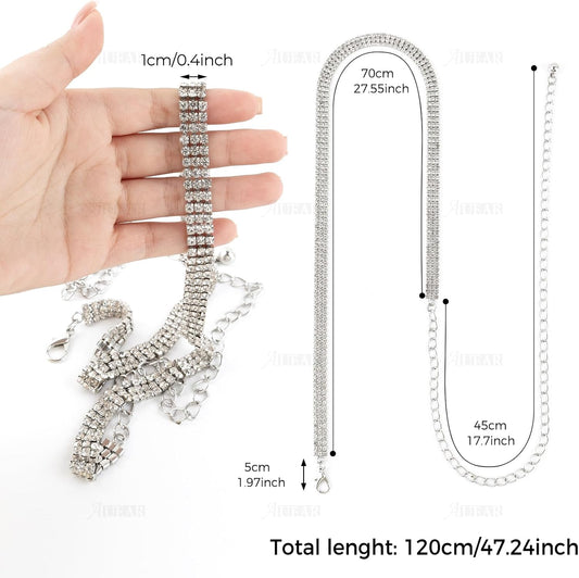 AUEAR, Fashion Silver Crystal Waist Buckle Belt Metal Chain Dress Rhinestone for Women Wedding Party Decor