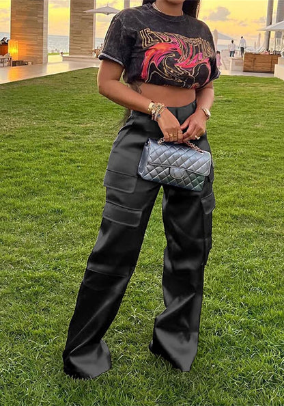 NRTHYE Women High Waisted Satin Cargo Pants Wide Leg Casual Pants Multi Pockets Straight Trousers