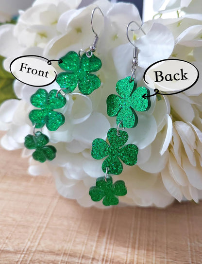 St Patricks Day Green Shamrock Clover Earrings for Women, Irish St. Patrick's Day Accessories Good Luck Hoop Dangle Glitter Earrings (Type 1)