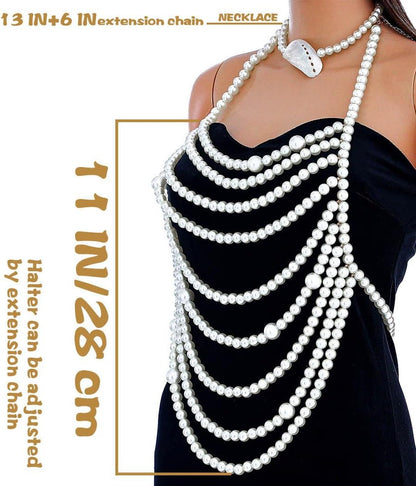 Uranian Pearl Body Chains Top Pearl Bra Chain Layered Shoulder Chain Necklaces Halter Chest Chains Beach Bikini Body Jewelry for Women