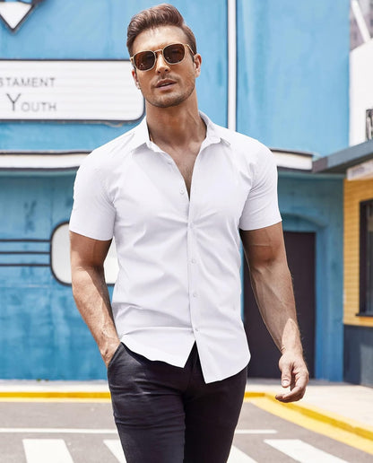 COOFANDY Men's Muscle Fit Dress Shirts Wrinkle-Free Short Sleeve Casual Button Down Shirt