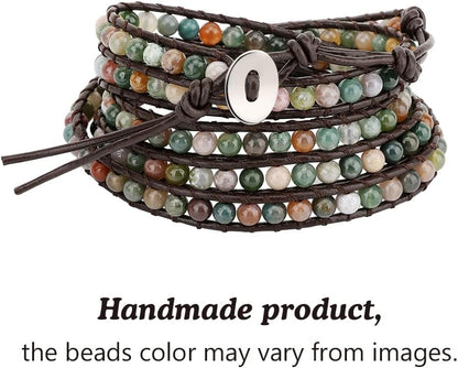 Layered Leather Bracelet, Rivet Leopard Print Bohemian Style Multilayer Wrap Bracelet, Handmade Agate Amethyst Chakra Crystal Glass Beaded Shell Bracelet for Women