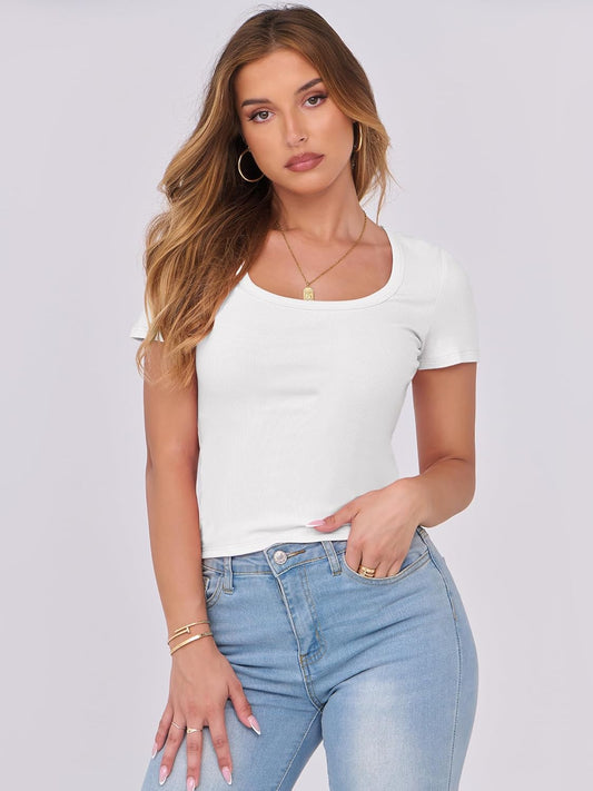 ANRABESS Women Short Sleeve Tops Scoop Neck Ribbed Knit Slim Fitted Basic Tee Shirts Casual Summer Clothes 2025 Fall Outfits