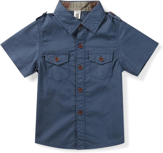 Boys Button Down Short Sleeve Shirts Cotton Lightweight Casual Shirts Tops Two Pockets