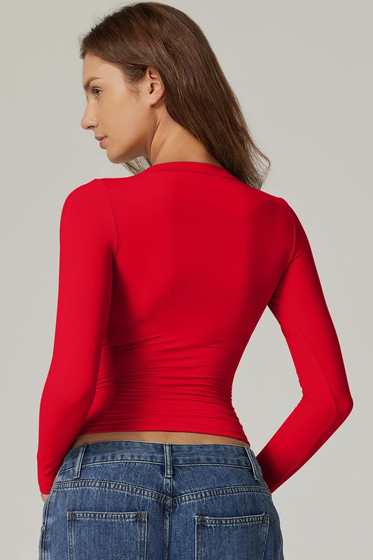 QINSEN Womens Crewneck Long Sleeve Shirt Double Lined Basic Tees Side Ruched Going Out Crop Tops
