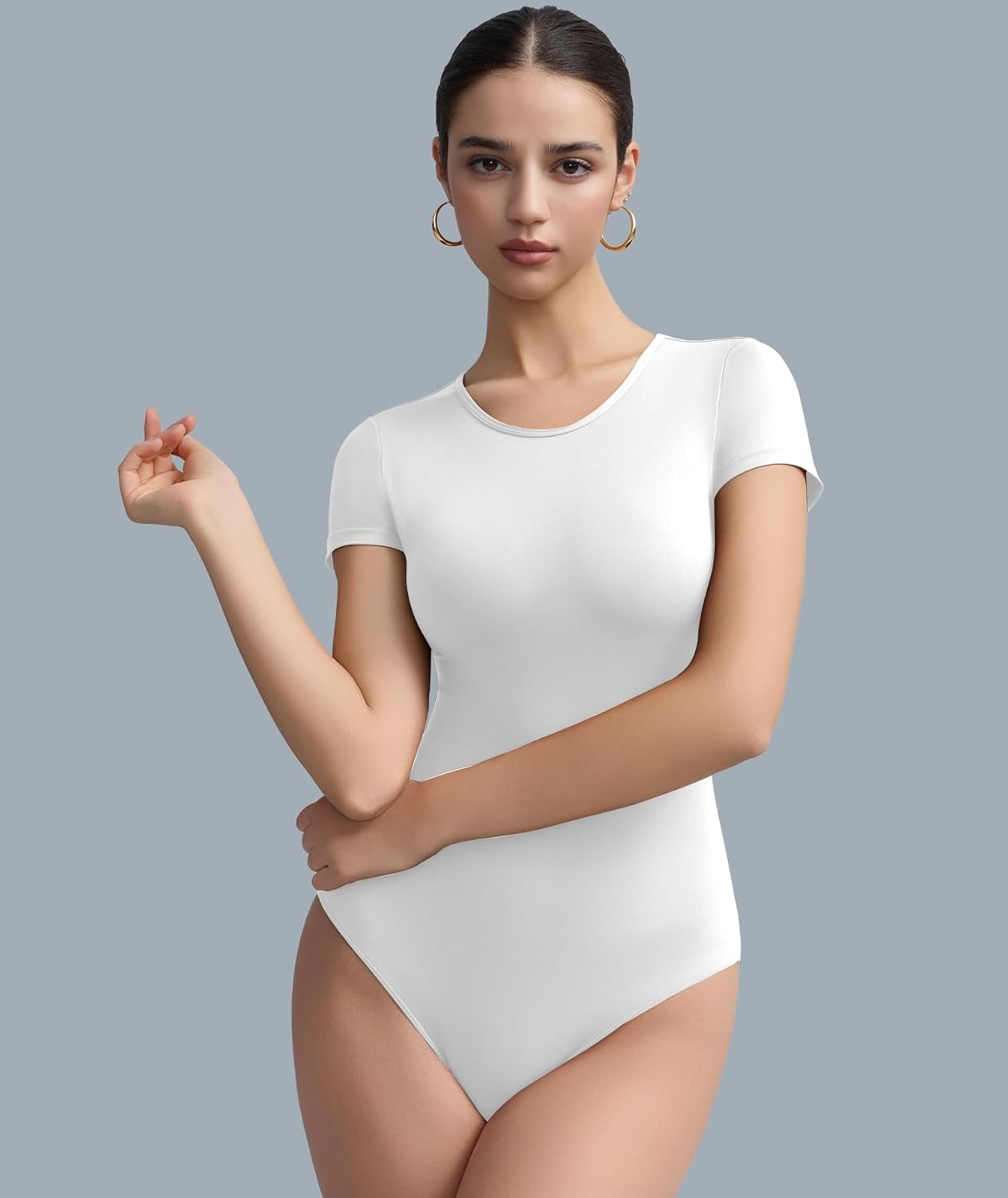 Women's Round Neck Short Sleeve Bodysuit Tops - Stretchy Casual Basic Double-Lined T-Shirt Body Suits for Women