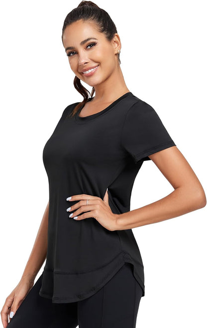 Women's Short Sleeve Workout Shirts Crewneck Sports Yoga Running Dry Fit Tops Side Split Tee