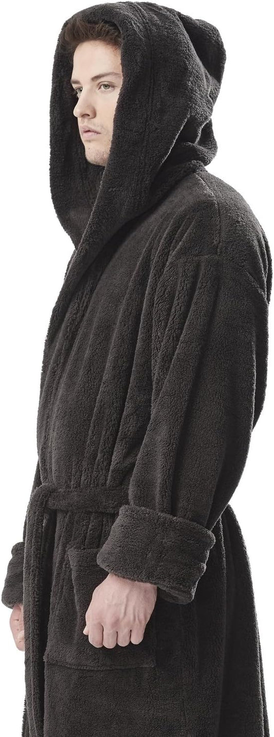 Arus Men's Fleece Robe, Long Hooded Turkish Bathrobe