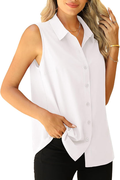 Jouica Womens Sleeveless Blouses Button Down Collared Shirts for Work Casual V Neck Tank Tops
