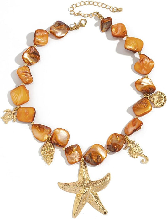 Chunky Pearl Necklace&Bracelet for Women Beach Starfish Shell Boho Statement Jewelry Vacation Freshwater Pearl Choker Summer Coastal Accessories