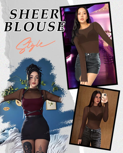 Women's Mesh Tops See Through Shirts Long Sleeve Bodycon Sheer Blouse Clubwear