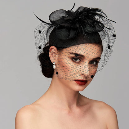 TS Fascinators Hat Tea Party Hat Mesh Floral Feather Hair Clip Women Fascinator Headband with Veil for Wedding Cocktail