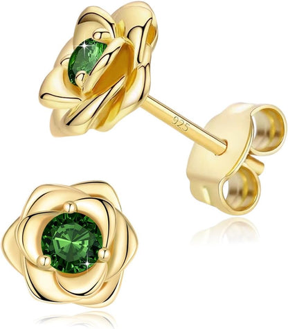 14K Gold Plated 925 Sterling Silver Post Rose Flower Stud Earrings for Women Birthstone Cubic Zirconia Studs Earrings Hypoallergenic & Nickel Free Jewelry