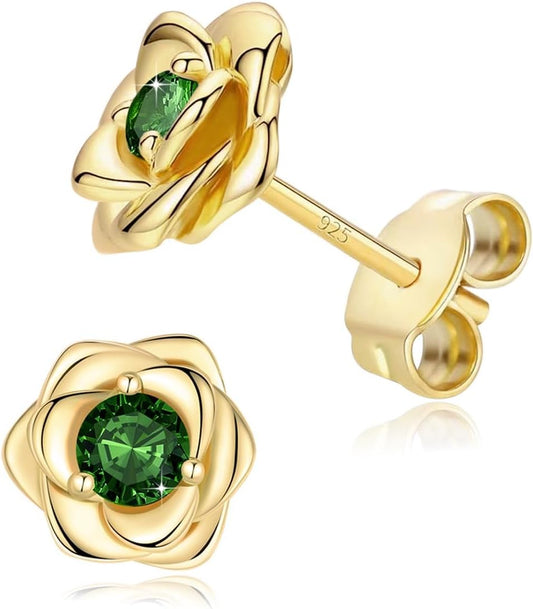 14K Gold Plated 925 Sterling Silver Post Rose Flower Stud Earrings for Women Birthstone Cubic Zirconia Studs Earrings Hypoallergenic & Nickel Free Jewelry