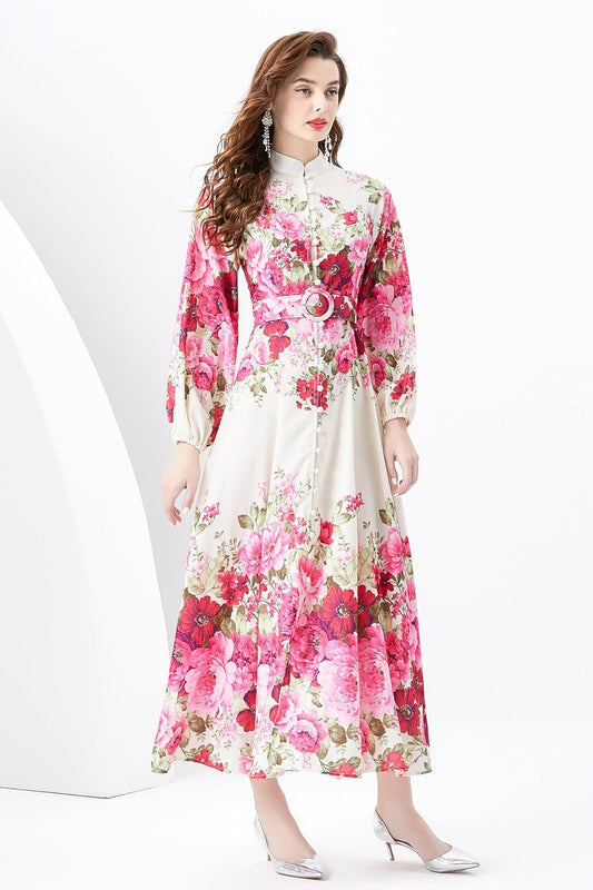 LAI MENG FIVE CATS Women's Floral Print Puff Sleeve Button Up Split Party Flowy Maxi Dress