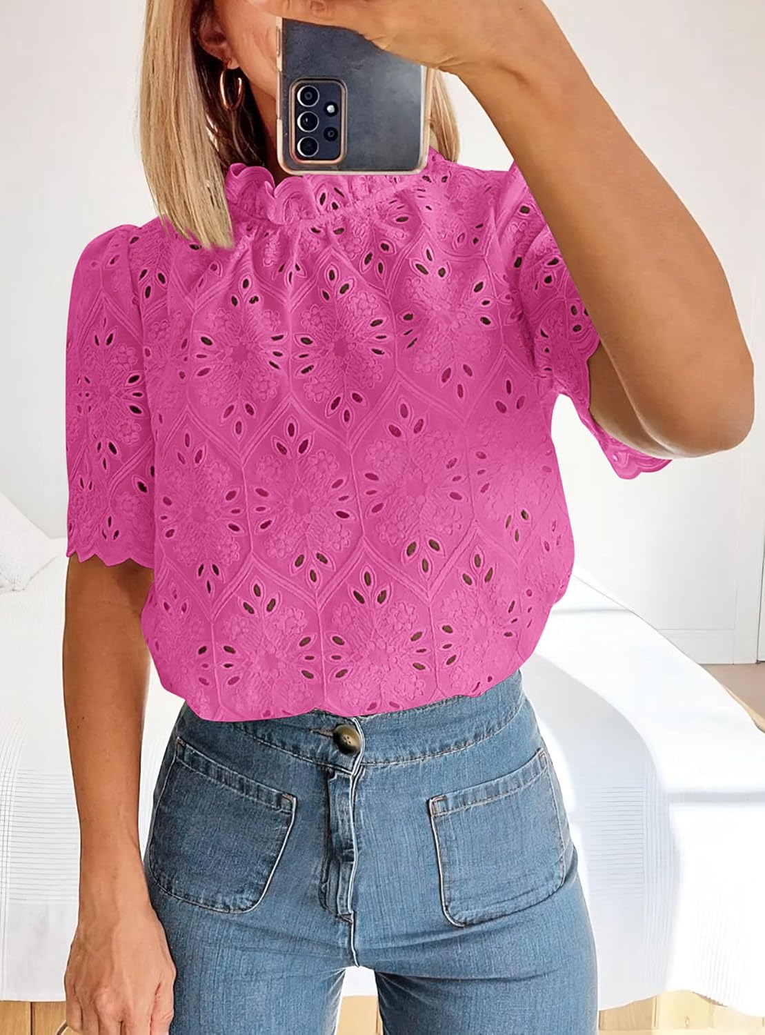PRETTYGARDEN Summer Tops for Women 2025 Trendy Short Sleeve Eyelet Embroidered Dressy Casual Blouse Shirts