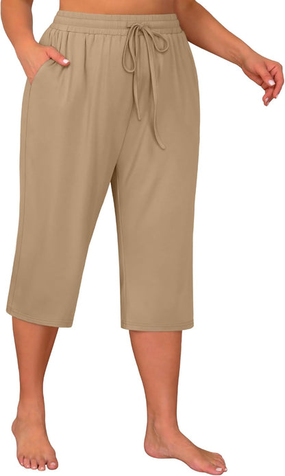 Huukeay 3 Pack Women's Plus Size Capris, Drawstring Cotton Yoga Capri Sweatpants Summer Casual Loose Cropped Pant with Pocket