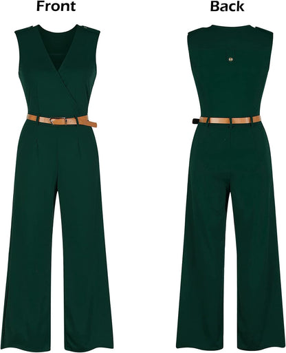 Pink Queen Jumpsuits for Women Dressy V Neck Sleeveless Wide Leg Long Pants Rompers