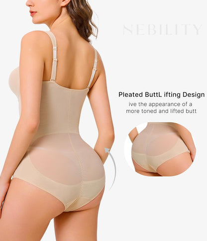 Nebility Shapewear Bodysuit for Women Tummy Control Waist Trainer Backless Body Shaper V-Neck with Built in Bra