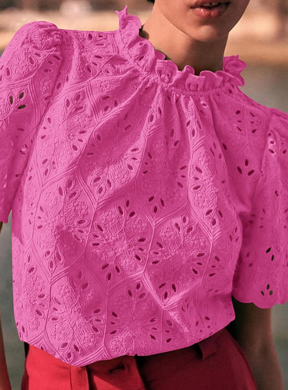 PRETTYGARDEN Summer Tops for Women 2025 Trendy Short Sleeve Eyelet Embroidered Dressy Casual Blouse Shirts