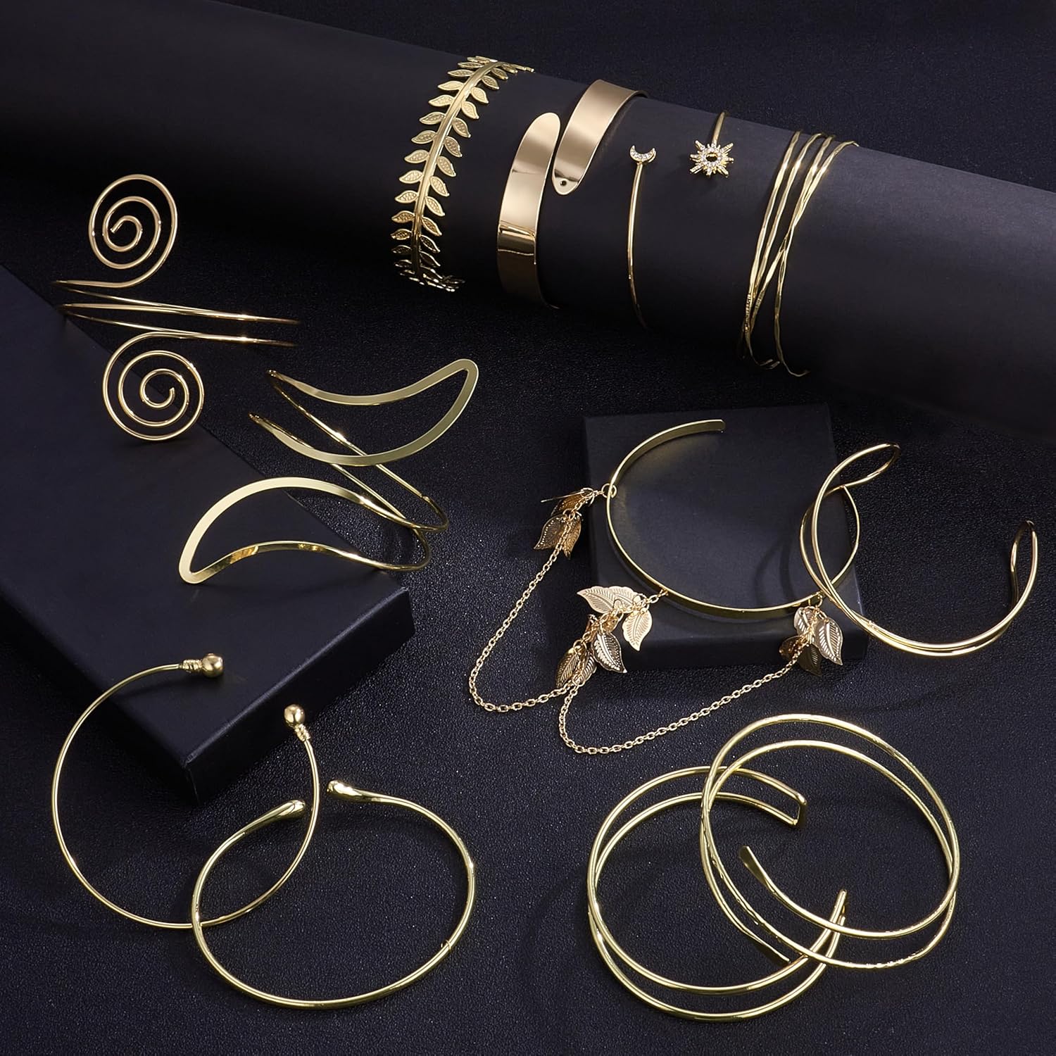 6-12 Pcs Arm Cuff Bracelets for Women Gold UpperCuff Cuff Bangle Bracelet Open Adjustable Gold Arm Bracelet Set