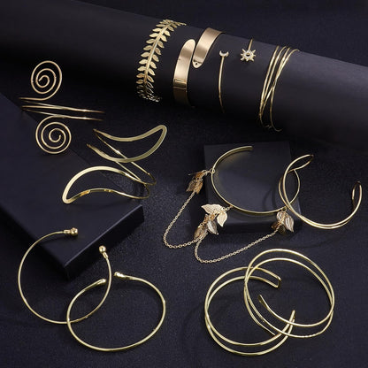 6-12 Pcs Arm Cuff Bracelets for Women Gold UpperCuff Cuff Bangle Bracelet Open Adjustable Gold Arm Bracelet Set