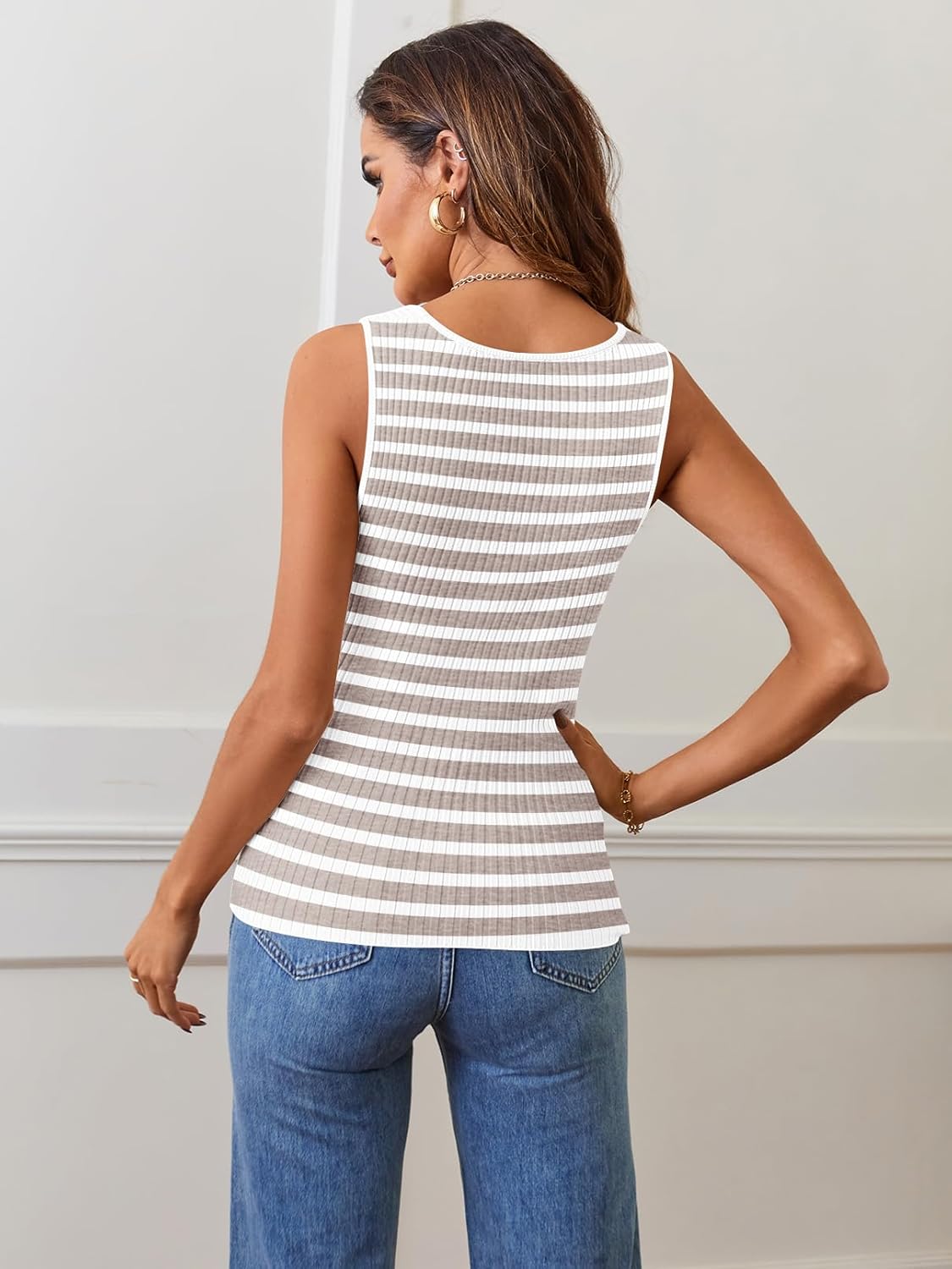 MEROKEETY Women's Sleeveless Ribbed Knit Tank Tops 2025 Summer Striped Square Neck Shirts Casual Basic Tanks