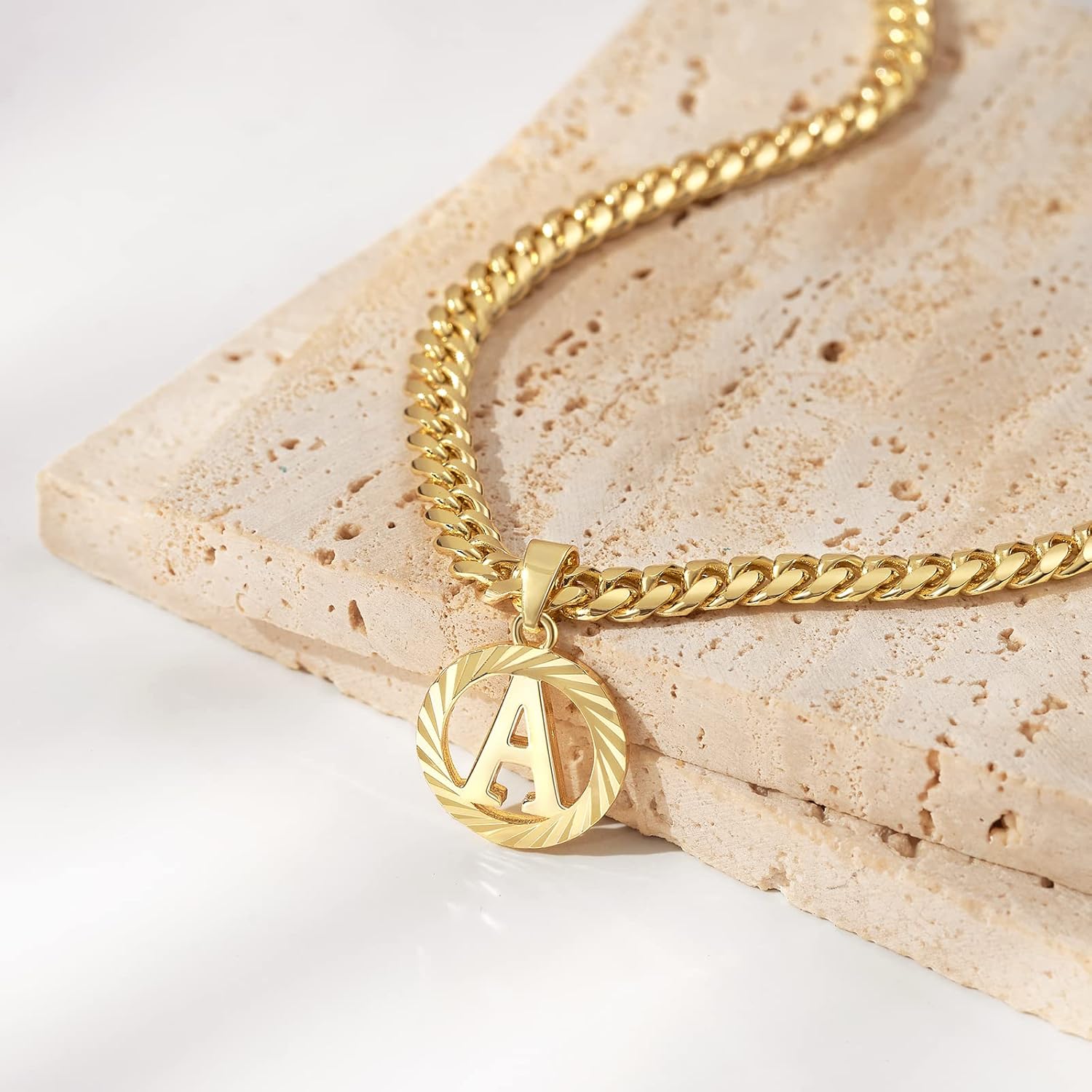 KissYan Gold Initial Necklace,14K Gold Plated Round Letter Pendant Hollow Capital Monogram 5mm Cuban Chain Necklace Alhpabets from A-Z Dainty Jewelry for Women Men