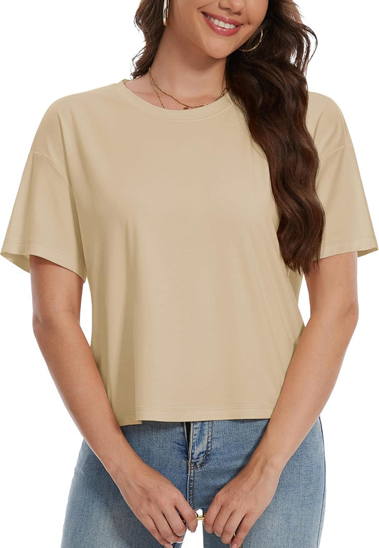 YUCOLEN Women's Crop Tops Summer Short Sleeve Cotton UPF 50+ Round Neck Casual Loose Cropped T-Shirts Solid Basic Tees