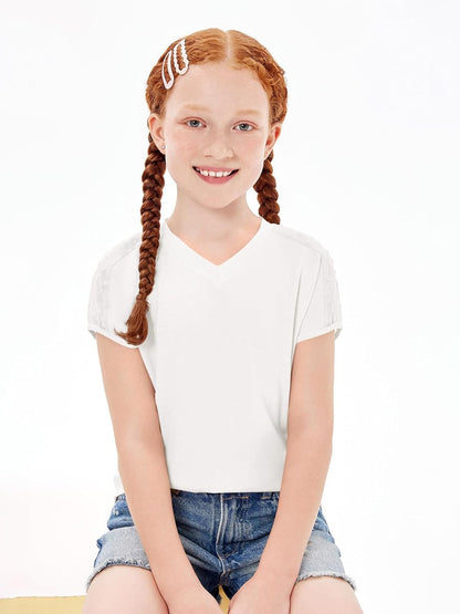 Haloumoning Girls V Neck T-Shirts Kids Summer Swiss Dot Short Sleeve Tops Cute Fashion Tees 5-14 Years