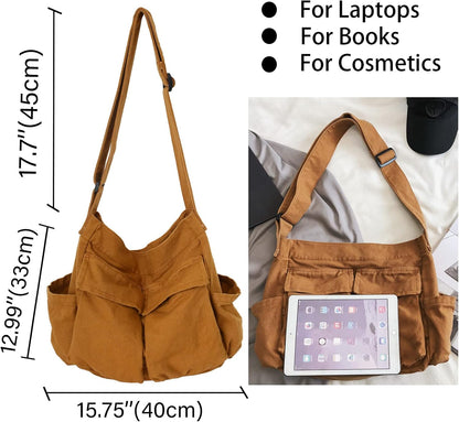 KlaOYer Canvas Messenger Bag Large Hobo Bag Crossbody Shoulder Bag Tote Bag with Pocket for Women and Men