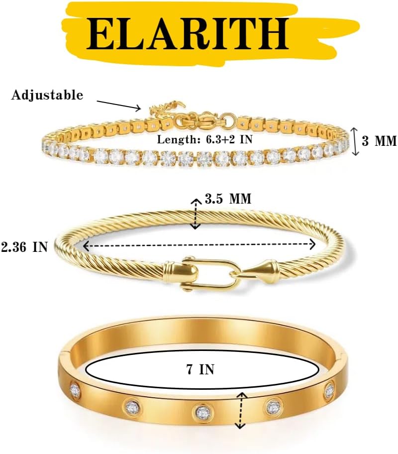 NEKVFO 18K Gold Plated Love Bracelet Set, Zircon Adjustable Bracelet Horseshoe Buckle Cable Bracelet, 3-Piece Women's Stackable Gold Bracelet Jewelry Set