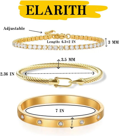 NEKVFO 18K Gold Plated Love Bracelet Set, Zircon Adjustable Bracelet Horseshoe Buckle Cable Bracelet, 3-Piece Women's Stackable Gold Bracelet Jewelry Set