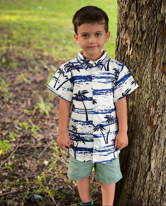 Big Boys Coconut Tree Shirt Fun Dark Blue Stripe Buttons Short Sleeves Hawaiian Shirts Teens Summer Tropical Holiday Polo Tees Childrens Retro Comfy Beach Cool Dress Shirts for Party, Size 13-14