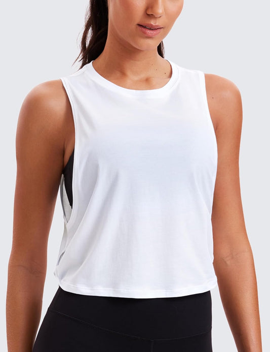 CRZ YOGA Pima Cotton Cropped Workout Tank Tops for Women - Sleeveless Sports Athletic Yoga Running Gym Crop Shirts