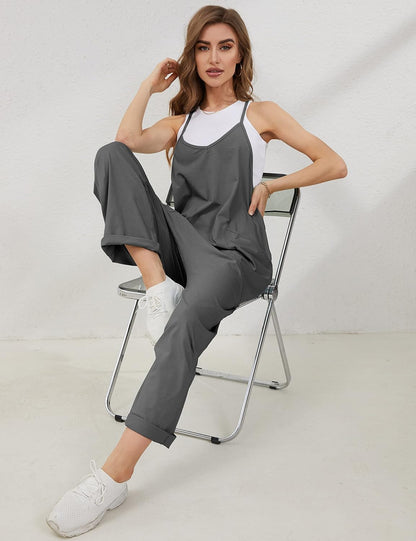 Lentta Women's Causal Jumpsuits V Neck Sleeveless Harem Overalls Stretchy Adjustable Strap Romper with Pockets