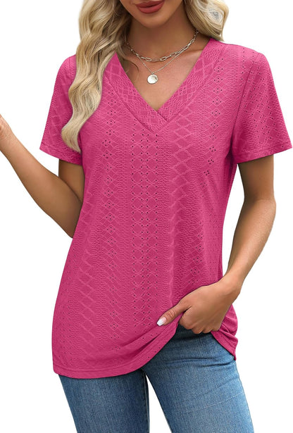SAMPEEL Womens Summer Tops Trendy 2025 Eyelet Crossed V Neck T Shirts Loose Casual Short Sleeve Tshirts Shirts Fashion