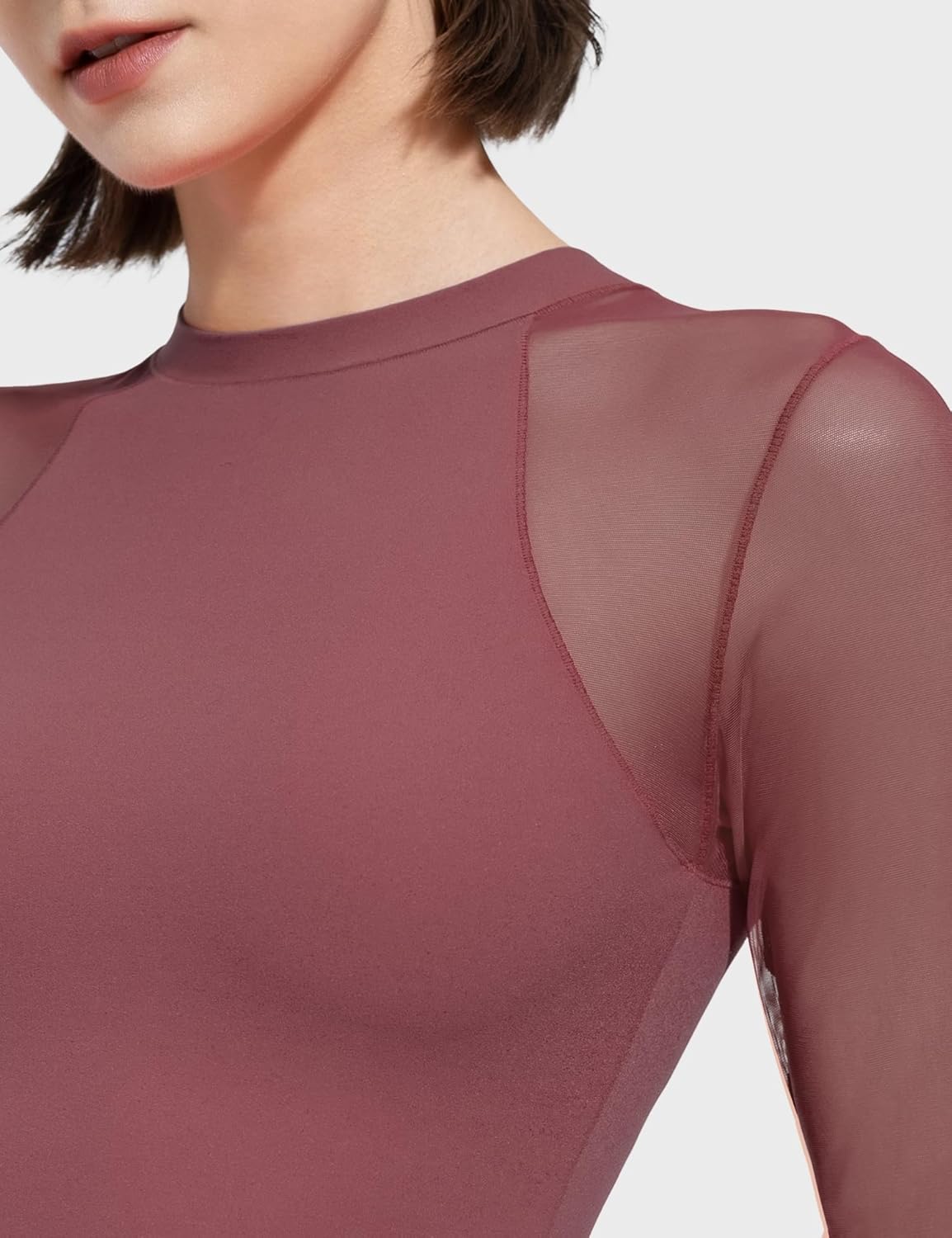 PUMIEY Mesh Long Sleeve Bodysuit for Women Crew Neck Body Suits Sexy Sheer Tops Smoke Cloud Collection