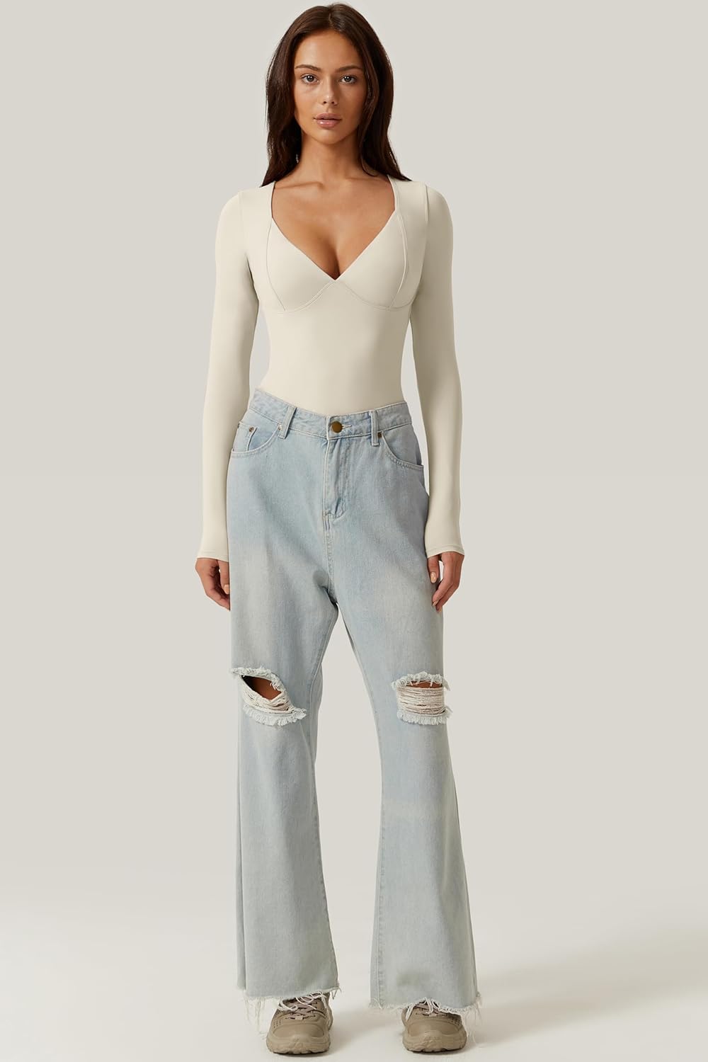 QINSEN Women's Long Sleeve Bodysuit V Neck Body Suits Seamed Cup Going Out Tops Shirt