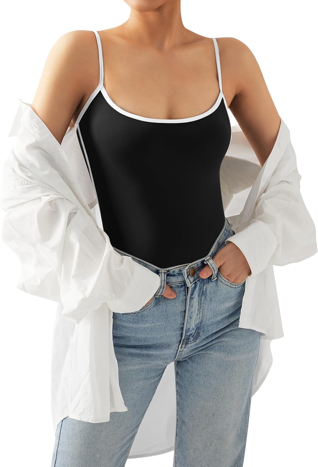 SUUKSESS Women Sexy Square Neck Thong Bodysuit Backless Cami Bodysuit Top