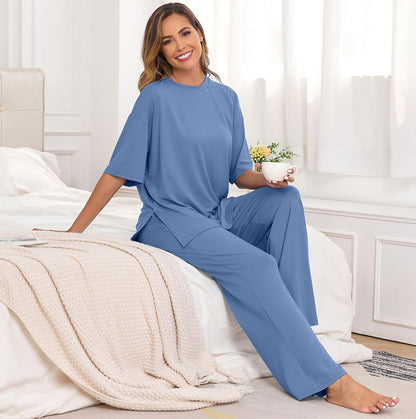 PrinStory Womens Pajamas Sets 2 Piece Lounge Set Short Sleeve Tops and Long Pants Soft Pjs Loungewear with Pockets