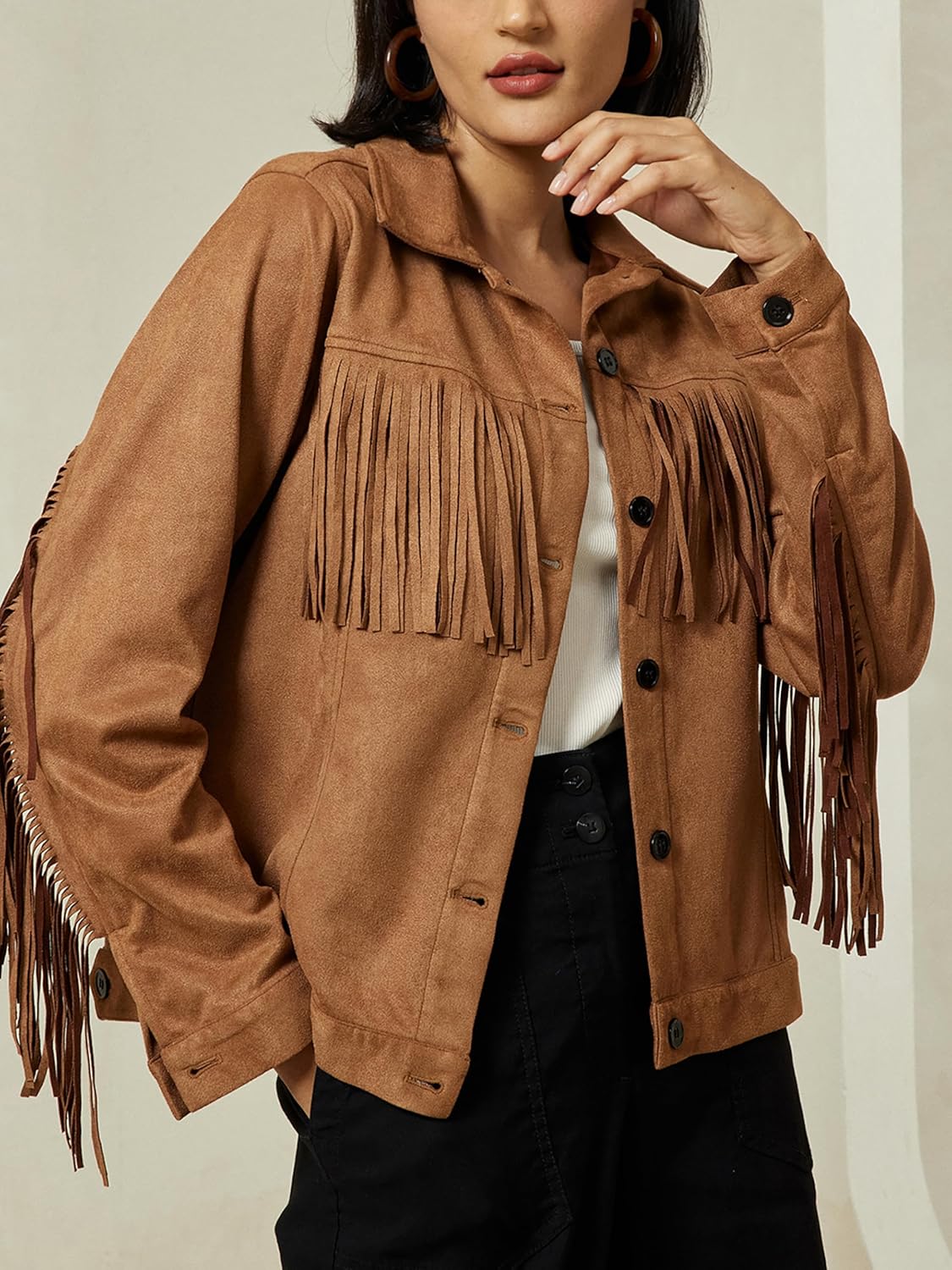 ADOR Faux Suede Jacket Women Fringe Casual Button Down Long Sleeve Cowgirl Style Coat for Fall Outfits