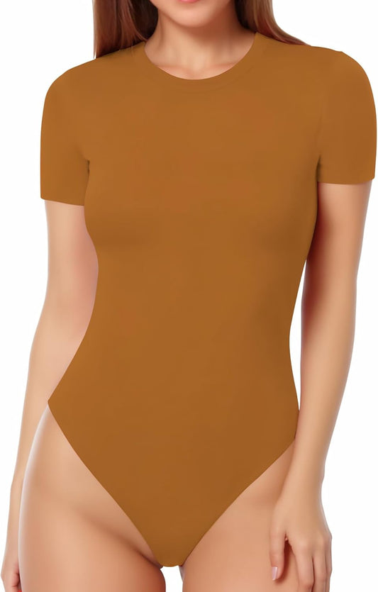 MANGOPOP Women's Round Neck Short Sleeve Bodysuit T Shirts Basic Body Suit Tops