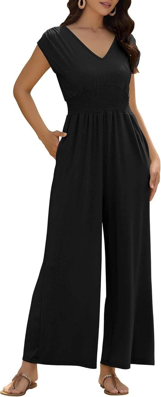 ZAFUL Womens Summer Jumpsuits 2025 Smocked Waist Dressy Casual One Piece Outfits with Pockets