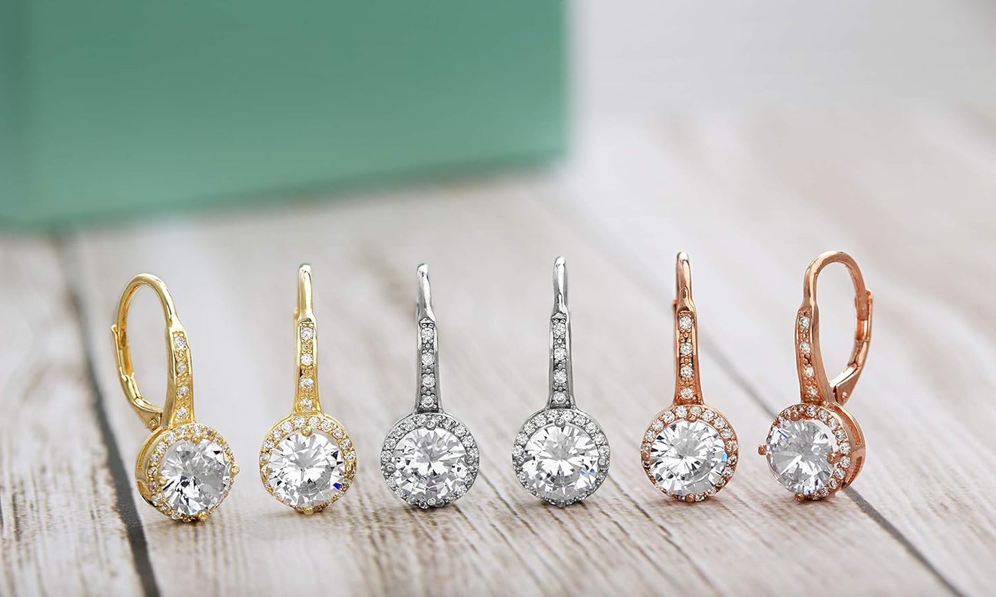925 Sterling Silver Cubic Zirconia Halo Leverback Dangle Bridal Earrings for Women