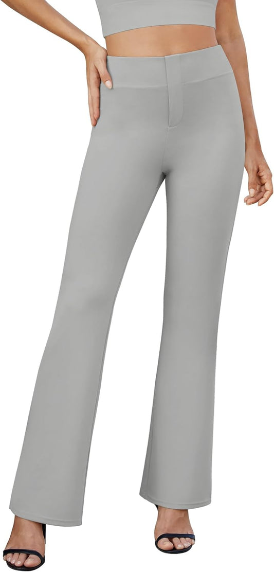 Womens Bootcut Dress Pants Business Casual Work Pants with Pockets High Waist Stretchy Trousers Pull On Office Slacks Light Grey